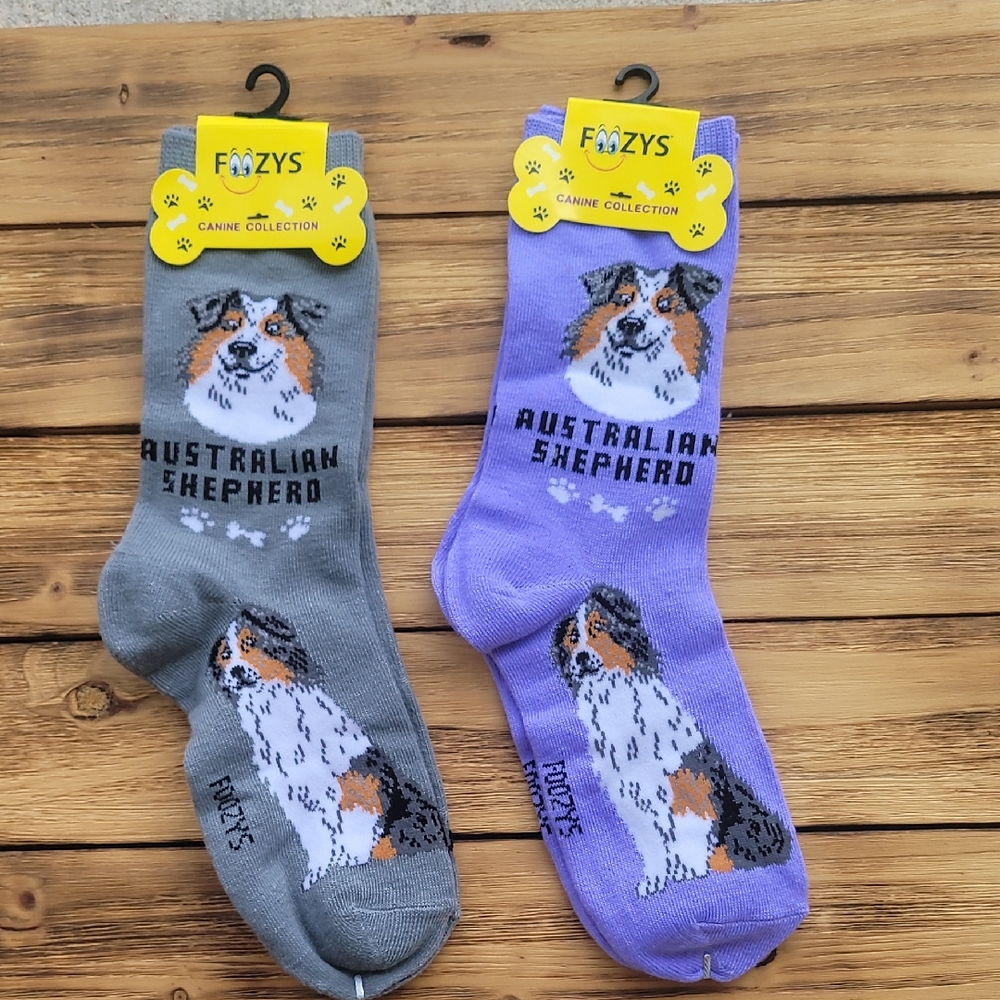 NWT Foozys Australian Shepherd Dog Socks - Gray and Purple 2 Pair Set - Unisex